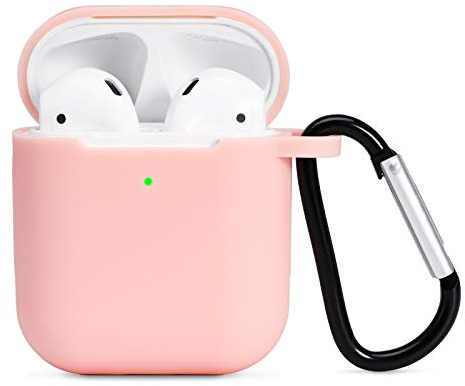 AKABEILA Hülle Case Kompatibel mit Apple AirPods 2 & 1 Silikon Schutzhülle Front LED Sichtbar Kabelloses Laden Flüssiges Silikon Gehäuseabdeckung Air Pods Schutz Hüllen Karabiner, Rosa