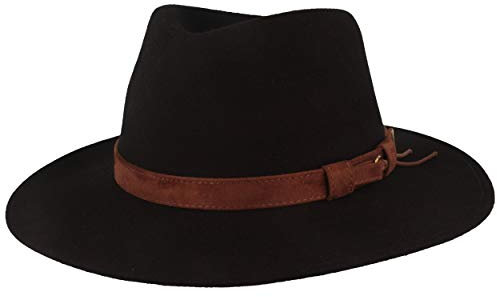 Breiter Chapeau de Trekking Enroulable 100% Laine Feutre, Imperméable et Pliable, Garniture en Cuir, Homme et Femme (Noir - Franges, 57)