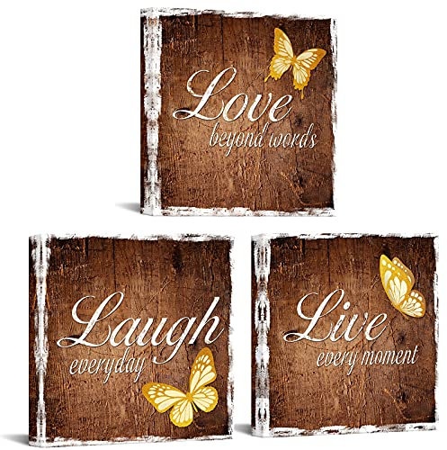 RyounoArt Leinwandbild, Motiv: Live Laugh Love, inspirierende Zitate, Poster, Gemälde, braunes Holz, Hintergrundbild für Wohnzimmer, Schlafzimmer, Küche, gespannt und gerahmt, fertig zum Aufhängen