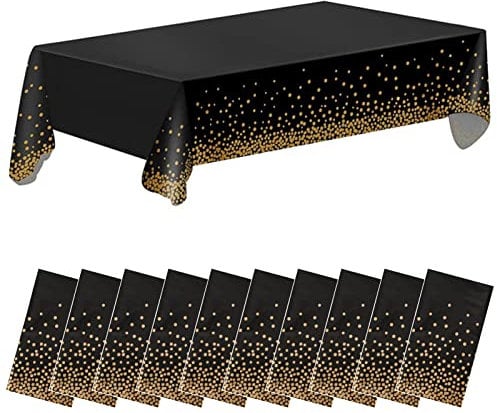 10 Stück Schwarz und Gold Party Tischdecke Einweg für Rechteck Tisch,Gold Dot Confetti Geburtstag Tischdecke für Geburtstag, Jahrestag,Braut Shower,Abschlussfeier,Cocktail Party,137cm x 274cm