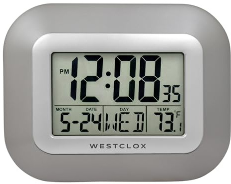 Westclox Large Digital Wall Clock with Date, Day & Temperature – Battery Operated Digital Clock with Alarm & Snooze, 12/24 Hour Display, Stylish Wall or Desk Clock for Home, Office & Bedroom (Gray)