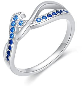 Damen Wellen Ring 925 Sterling Silber nicht verstellbar Ozean Wellen Ring mit Zirkonia Blau Wave Ring Geschenk für Frauen Freundin