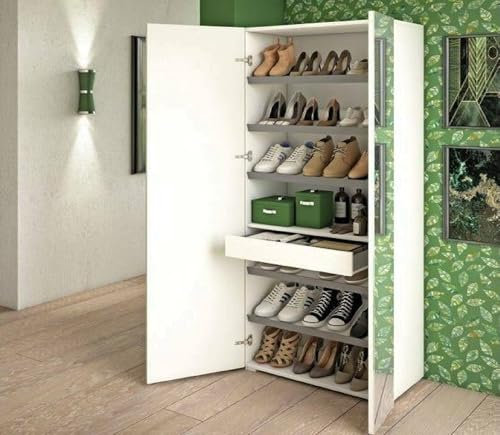 Dmora Scarpiera Tarassaco, Mobile Multiuso da ingresso con anta a Specchio, Armadio Moderno portascarpe a 6 ripiani, 100% Made in Italy, 72x37h195 cm, Bianco e Cemento