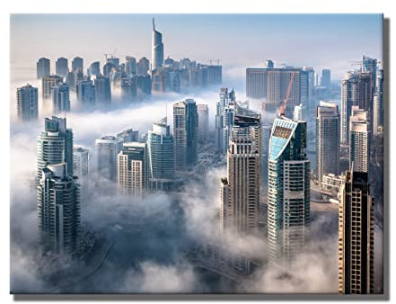 Leinwandbild Dubai Panorama Aussicht | 80 x 60 cm Querformat | Bild Leinwand Wandbild | Skyline Wolken Ausblick Dächer Metropole | Home Deko | modern Hingucker | Wohnzimmer Schlafzimmer XL groß neu