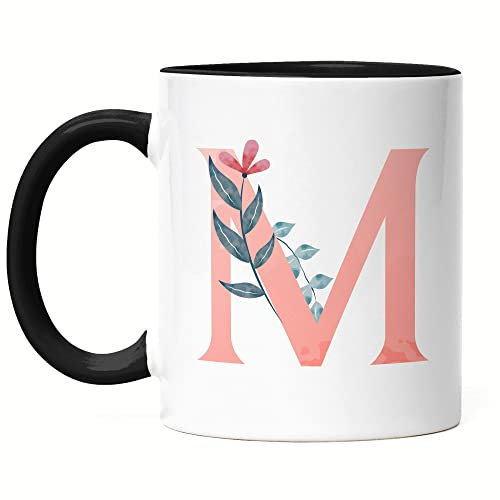 Hey!Print Buchstaben-Tasse M Tasse Schwarz mit Buchstabe Alphabet Monogramm Blumenmotiv Geschenkidee Anfangsbuchstabe