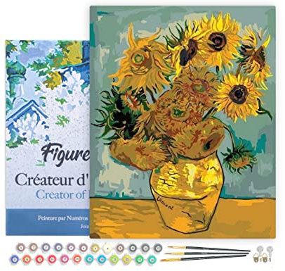 Figured'Art Peinture par Numéro Adulte avec Cadre Van Gogh Tournesols - Activité Manuelle Kit de Loisir Créatif DIY Numéro d'Art Complet - 40x50cm toile tendue sur châssis