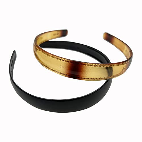 Lot de 2 bandeaux en plastique avec dents de 2 cm de large pour femme, homme, fille, bandeau uni pour bricolage, couleur noire et ambre