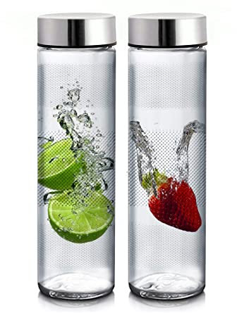 Brezzycloud Glass Food Grade Wide Mouth Airtight Water Bottle with Leak-Proof Double Layer Stainless Steel Lid - Water, Smoothie, Juicer and Beverage Glasses - 750ml (Set Of 2)