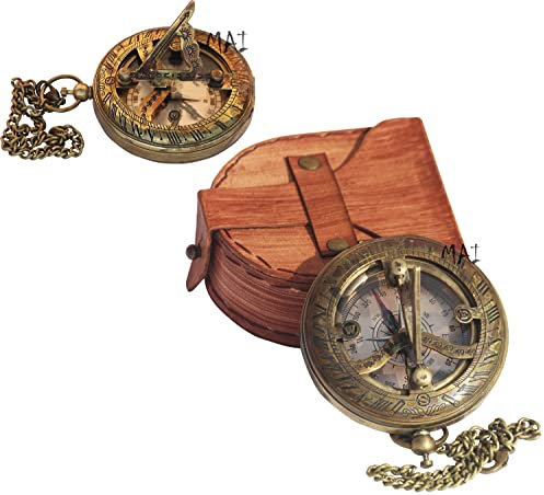 Sonnenuhr-Kompass aus Messing mit Ledergehäuse und Kette – Push-Open Kompass - Steampunk-Zubehör – antiker Vintage-Stil für Camping, Wandern, schönes handgefertigtes Geschenk – Sonnenuhr Steampunk
