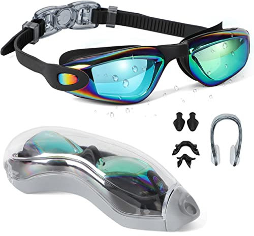 Gafas de Natación, Gafas Piscina Antivaho Protección UV, Gafas de Natación Unisex con Pinzas para la Nariz y Tapones para los oídos, Gran Angular de 180°, Gafas de Buceo para Mujer, Hombre, Adultos