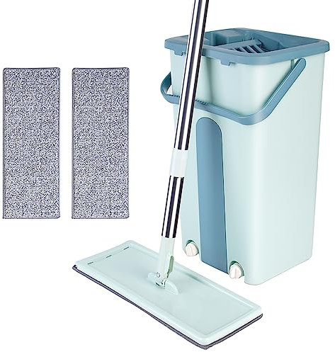 XDAILUYYDS Fregona Giratoria con Cubo & Trapeador de Piso Plano con Cubo,Que Incluye 1 Barra de Trapeador,1 Cubo con 2 Salidas de Drenaje, y 2 Cabezas de Trapeador Reutilizables (A-Verde)