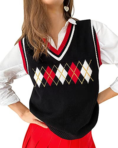 Fashionme Trendy High-Density-Stretch Argyle Plaid/Skelett Strickpullover Weste Y2K Hahnentritt ärmellos Retro, Schwarz 1, XX-Large