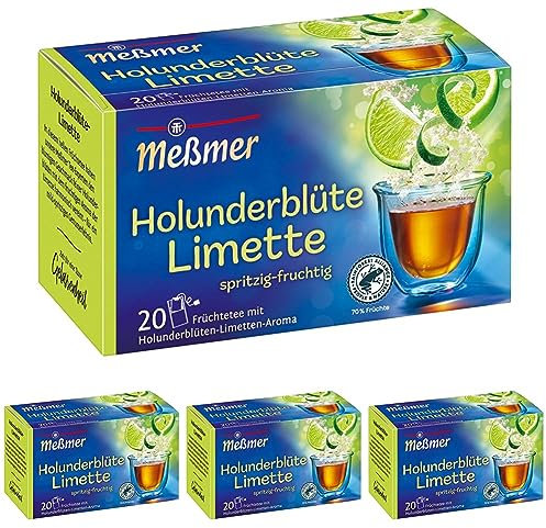 Meßmer Holunderblüte-Limette | 20 Teebeutel | Vegan | Glutenfrei | Laktosefrei (Packung mit 4)