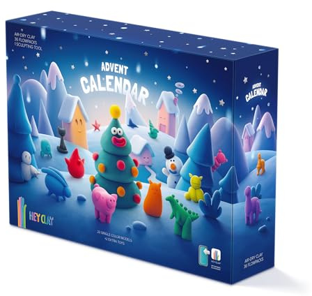 HEY CLAY Adventskalender für Kinder – 24 kreative Knet-Überraschungen – Lufttrocknende Modelliermasse & Schritt-für-Schritt App – Weihnachtskalender zum Basteln – DIY Figuren zum Sammeln