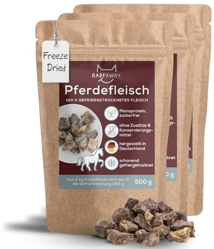BARFAWAY gefriergetrocknetes Pferdefleisch, Premium Muskelfleisch, allergikerfreundlich, gesunde Hundeleckerlies, getreidefrei, zuckerfrei, 100% natürlich, Deutsche Herstellung, 3er Pack (3 x 500 g)