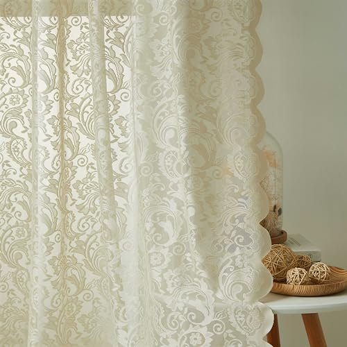 Bujasso Tende in pizzo trasparente beige da 137,2 cm, tende corte per cucina, soggiorno, camera da letto, eleganti tende beige filtranti per finestre, set con tasca per asta, 2 pannelli, 137,2 cm x