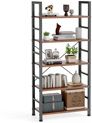 DUMOS 5 Tiers Bookshelf, Classical Modern Book Shelf, Tall Display Shelves in Living Room/Home/Office, Storage Organizer for CDs/Books/Movies, Rustic Brown
