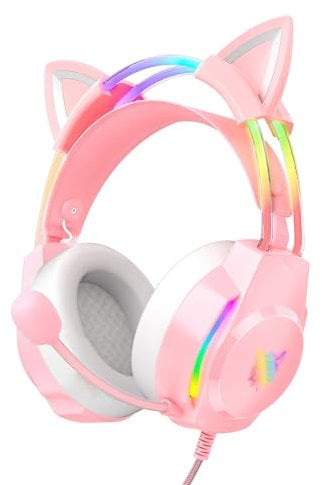 ONITOON Gaming Headset with Cat Ears, RGB Backlight Headphones for PC/PS4/PS5/XBOX/Switch with Noise Cancelling Mic- Virtual 7.1 Surround Sound, Lightweight Design & Auto-Adjust Headband, Pink