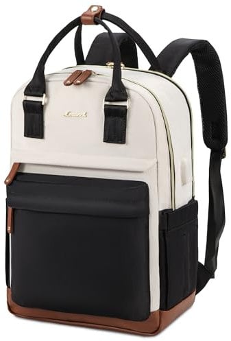 LOVEVOOK Backpack Womens, 15.6 Inch Laptop School Bag, Waterproof Work Travel Rucksack with USB Port, Anti Theft Ladies Computer Back Pack for College Uni Office Business, Beige Black