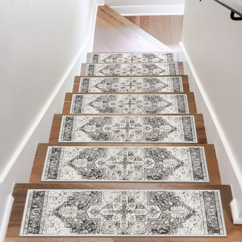 OJIA Tappetini antiscivolo per gradini in legno per interni, 15 pezzi, con retro in gomma, senza residui, 20,3 x 76,2 cm, gradini per scale, bordi per scale per bambini e animali domestici, grigio