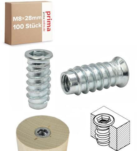 Einschraubmutter M8 x 28 mm – Einschraubmuffen/Eindrehmuffen aus verzinktem Stahl – Innengewinde für Holzbau & Möbelbau (100 Stück)