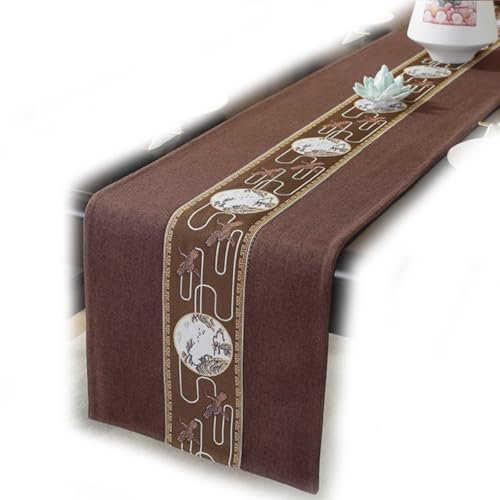 HSTWODE Kranich-Muster Tischdecke-Chinesischer Tischläufer- Tang-Dynastie-Tischläufer Für Betten, Esstische, Couchtische, Schuhschränke, TV-Schränke, Schreibtische (Braun, 33 * 220 cm)