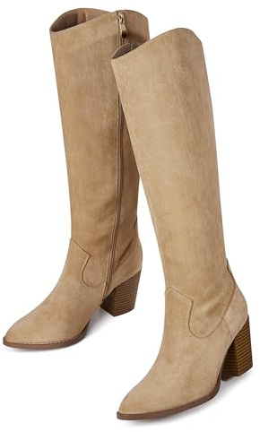 MeiLuSi Stivali alti al ginocchio da donna, stivali in pelle scamosciata, tacco grosso, scarpe morbide finte per autunno 2025, cerniera laterale, pelle scamosciata, taglia 38