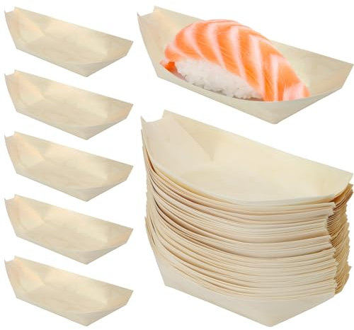 Abaigeal Lot de 100 assiettes jetables en bois de bambou pour hors-d'œuvre, 21,5 x 11 cm, respectueuses de l'environnement, assiettes jetables en bois pour fêtes, camping, mariages, anniversaires,