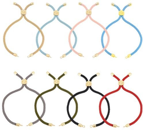 HOBBIESAY 8Pcs Adjustable Black Nylon Bracelet Slider Bracelet Kit Twisted Cord Bracelet with 18k Gold Plated for Women DIY Bracelet Making Long 21cm Hole 2mm