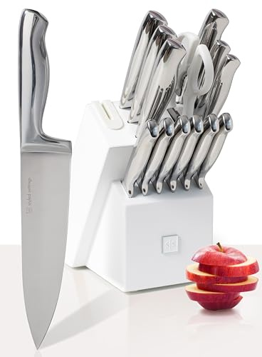 Styled Settings Stainless Steel Knife Set with Built in Sharpener - 14 Piece Ultra Sharp, High Carbon Stainless Steel Kitchen Knife Set Includes White Knife Block with Sharpener Built in