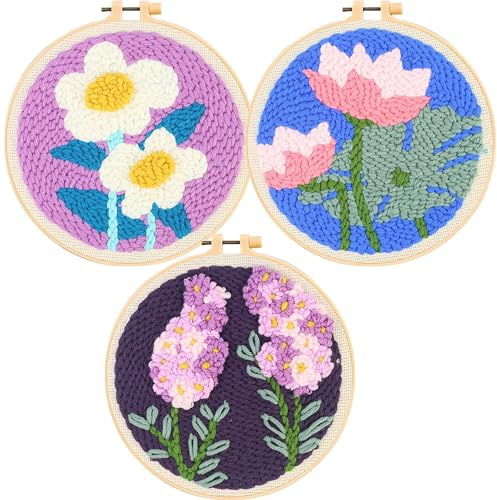 Allazone 3 Pz Punch Needle Kit, Ricamo Starter Kit, Kit per Ricamo con Motivo e Istruzioni, Set da Ricamo per Principianti, Adulti e Bambini, per Fai Da Te, Artigianato, Stile Fiore