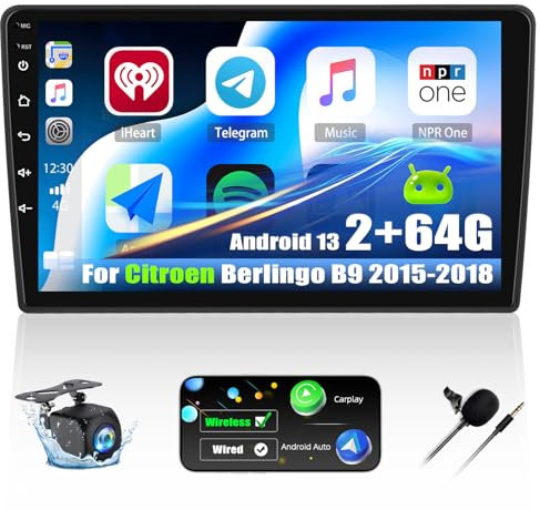 Android 15, 2G+64G CAMECHO Autoradio pour Citroen Berlingo B9 2008-2017, 9 Pouces Écran Tactile 2 DIN avec Carplay Android Auto GPS Navi WiFi Bluetooth FM/RDS Radio SWC Caméra de Recul&MIC