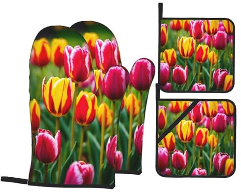 Set di 4 presine e presine con stampa tulipani rosa