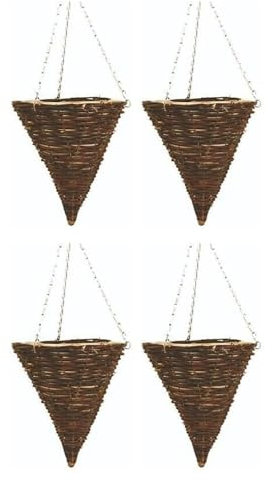 shopior Wicker Basket Planters – Natural Rattan Willow Hanging Flower Pots with Polythene Liner & Metal Chain – Large Decorative Cone Shaped Hanging Planters for Indoor & Outdoor - 30cm,12 (Pack 4)