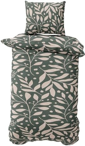 Visaggio Bettwäsche Baumwolle Jersey 135x200 cm Bettbezug Garnitur Set YKK Reißverschluss geblümt Dunkelgrün Beige 4-Jahreszeiten