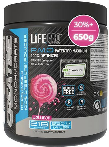 Creatine Monohydrate Creapure Life Pro 650g – Créatine Micronisee Pure – Goût Lollipop – Jusqu’à 216 Doses – Sans Gluten – Pour Force, Énergie et Récupération Musculaire – Qualité Allemande Garantie