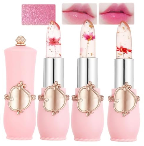 3 Packs Clear Flower Jelly Lipstick & Magic Temperature Color Change Lip Balm, Nutritious Crystal Lip Stick Makeup Set, Long Lasting Moisturizer Lip Gloss Set, Great Gift for Women and Girl