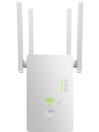 WLAN Verstärker, WLAN Repeater 1200 Mbit/s Dual Band (2.4GHz + 5GHz), WiFi Range Extender für Steckdose mit 4 Antennen bis 1500m² Reichweite mit LAN/WAN Port Access Point Modus Einfache Einrichtung