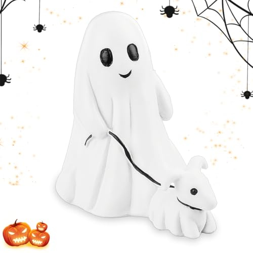 HONGECB Halloween Deko Geisterfigur mit Hund | Gruselig-süße Resin Geisterfigur Statue für Garten & Innenbereich | Perfektes Spukhaus-Ornament in 15cm Größe