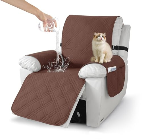 Bocguy Sesselschoner, Sesselbezug Wasserdicht, Sessel Überzug mit Seitentaschen, Sesselhusse Armlehnenschoner, rutschfest Sesselauflage für Relaxsessel und Fernsehsessel Maschinenwaschbar(Kaffee)