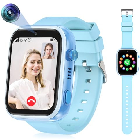 OKYUK Smartwatch Kinder 4G mit GPS-Tracker, Zwei-Wege-Anrufe, SOS, Smartwatch mit mehrere Desktop-Stile zur Auswahl für 6–12 Jungen und Mädchen (Blau)
