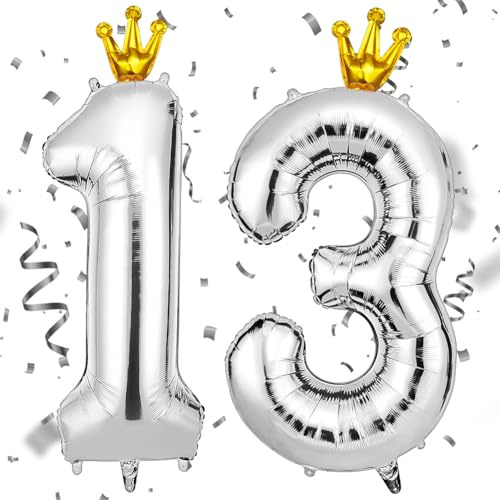 AOOSU Silber Zahl Luftballoon 13, Riesige Folienballon 13, 40 Zoll Helium Ballons Geburtstag Zahlen Luftballon Geburtstagsdeko Zahlenballon Silber Folienzahlen Ballon mit Krone, Geburtstagsparty Deko