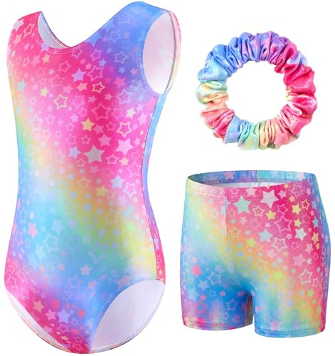 FILOWA Gymnastikanzug für Mädchen Dreiteilige Turnanzug Set, 3-14 Jahre | Langarm, Ärmellos, Shorts und Haargummi, Kinder Turnbody, Glitzer, Farbverlauf Trikot, Gymnastik Outfit, Wettkampf Leotard