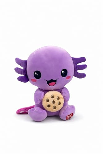 Generisch Plüschtier Axolotl mit Pizza 24 cm – Süßes Kawaii Kuscheltier – Weiches Stofftier als Geschenk für Kinder & Deko (mit Keksen)