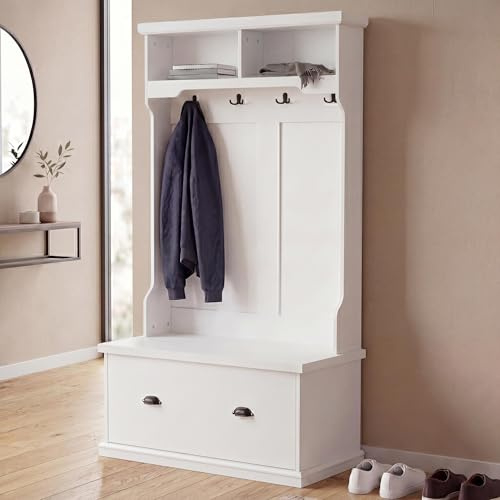 Mendler Garderobe HWC-P27, Flurgarderobe Holzgarderobe Sitzbank, 4 Haken Staufach Ablage Melamin 163x100x47cm - weiß