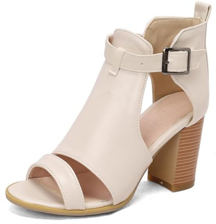 Generico Sandali Stivali Corti Caviglia Tacco Blocco Venatura Legno Donna Punta Quadrata Aperta Pu Tagli Cavi Laterali Fibbia Quadrata Fascia Caviglia Viaggi Festa Abito Casual
