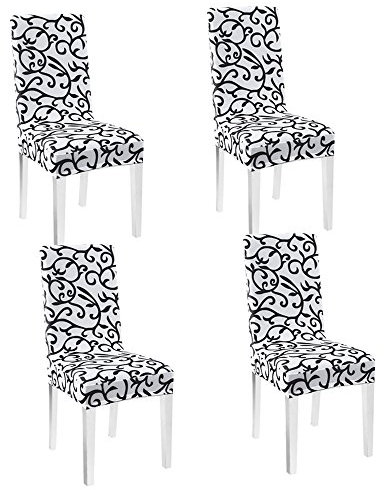 WANYI 4 Stück Stuhlhussen Stretch Stuhlbezug Elastisch Stuhlüberzug Moderne Husse Elasthan Stretchhusse Stretch-Stuhlbezug (Schwarz + Weiß)