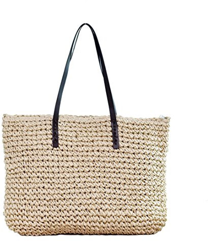 Femme Fille Sac de Plage Cabas Paille Sacs Fourre Tout pour Shopping Voyage Beige
