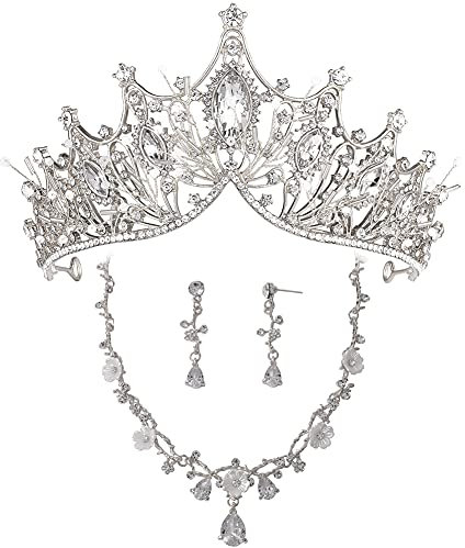 3-teiliges Hochzeitsschmuck Braut Set, Diadem Prinzessin Erwachsene Kristall Silberketten set mit ohrringen für Damen
