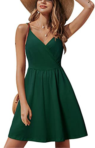 STYLEWORD Sommerkleid Damen Knielang V-Ausschnitt A Linie Grün Kleider Sommer Strandkleid Freizeitkleid mit Taschen